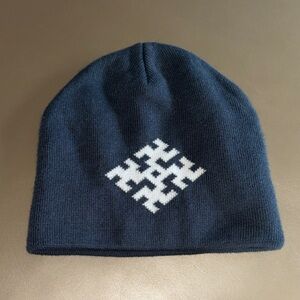 Navy Knit Beanie with White Geometric Accent